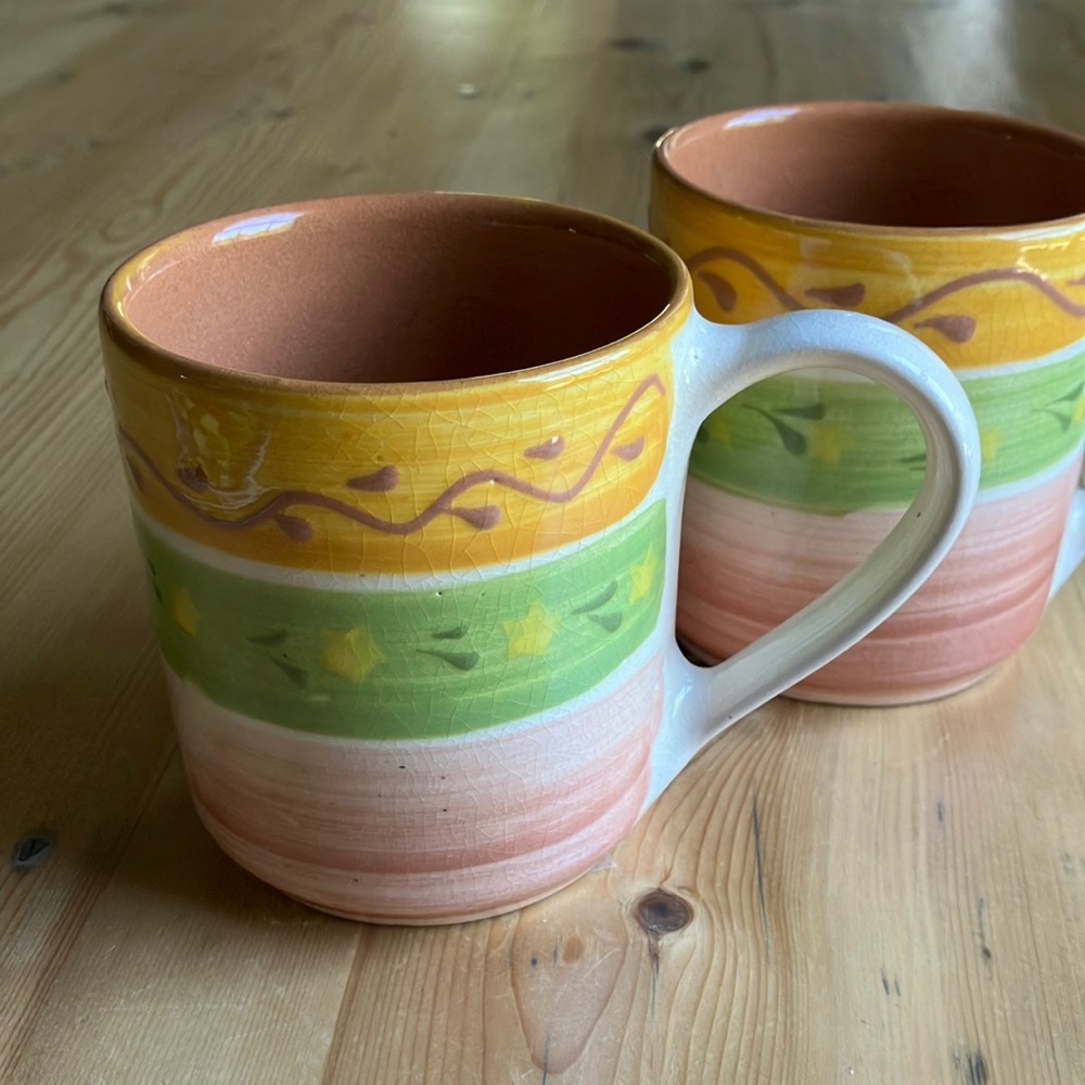 Mesa International 2 Mugs Stripe Floral Yellow Green Pink Handcrafted